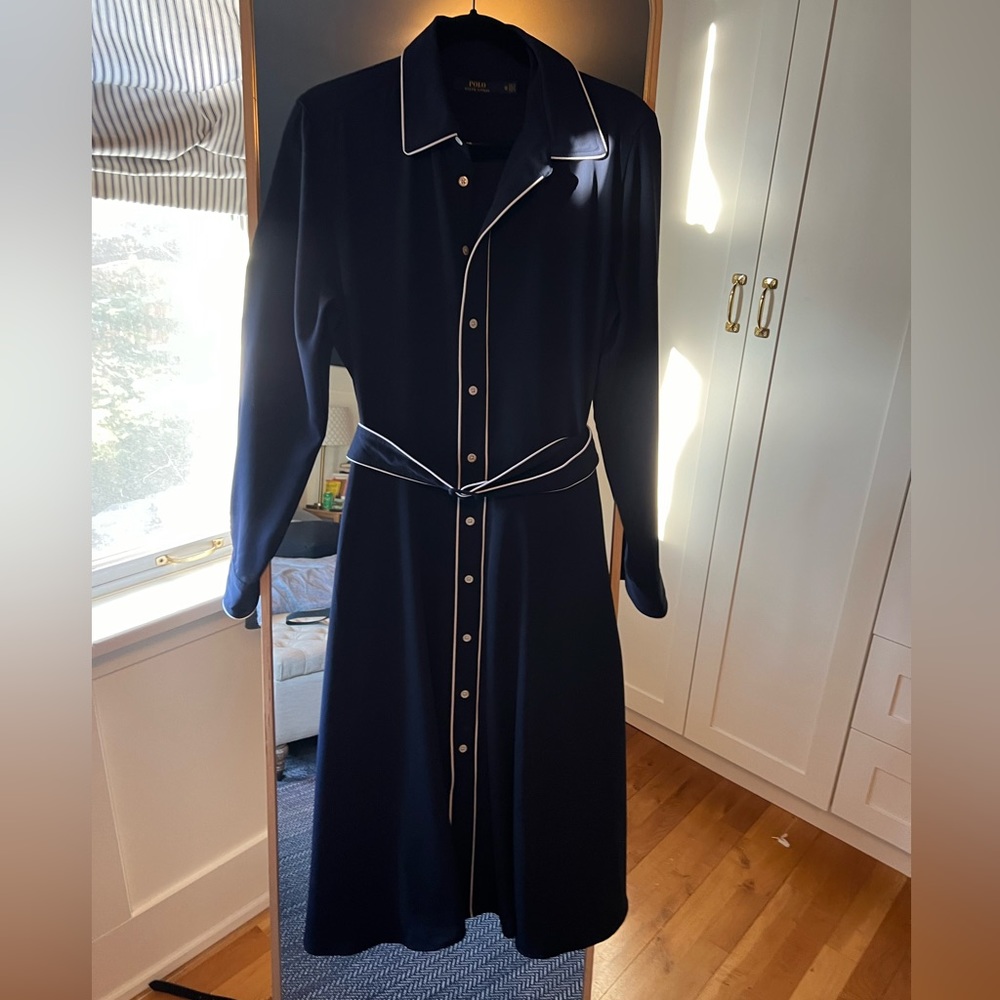 Ralph Lauren belted navy shirt dress with white piping detail